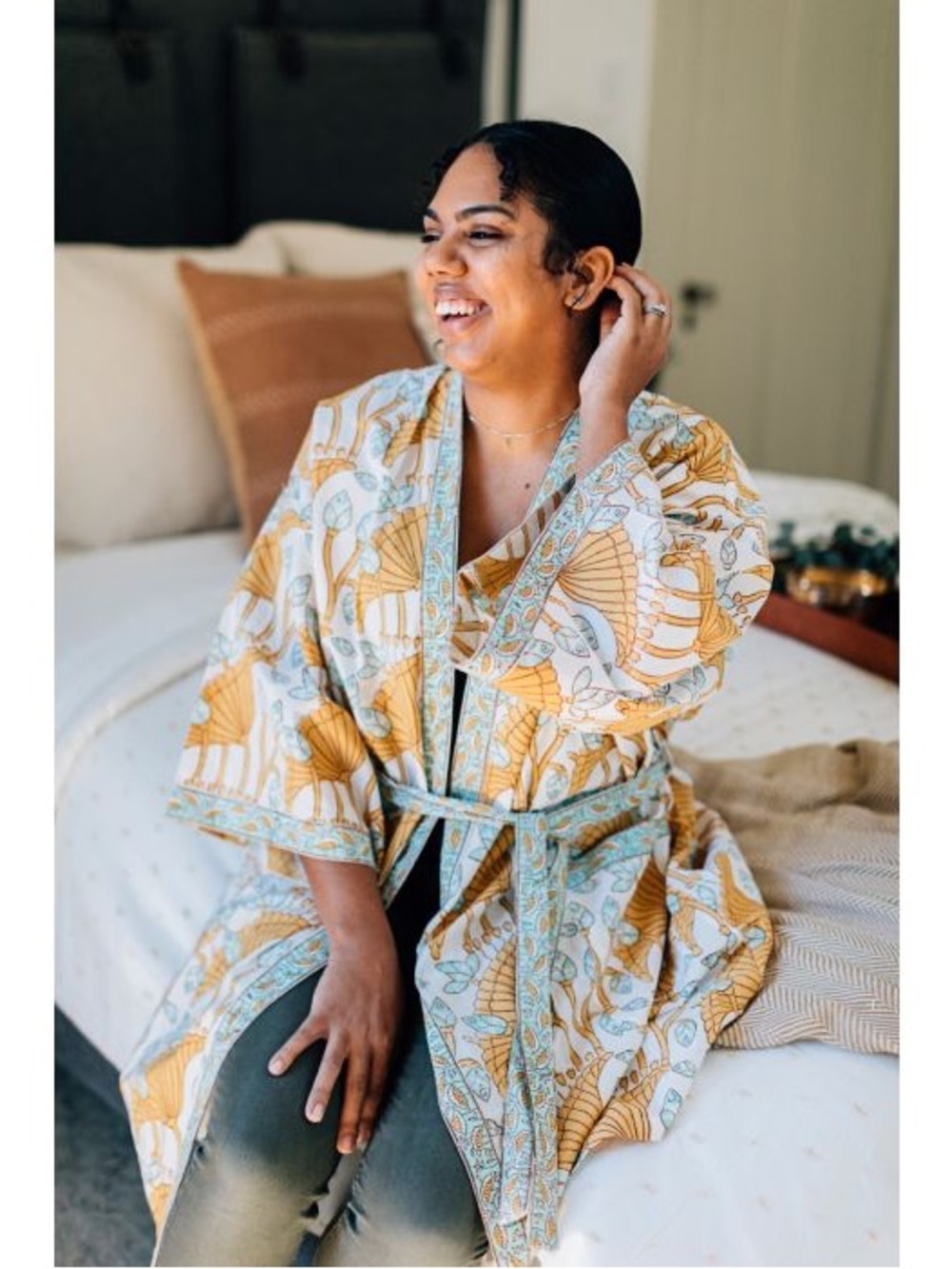 Women's Printed Cotton Robe in Yellow & Cream
